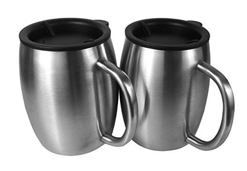 Camping Shatterproof Set of 2 Stainless Steel Coffee Mugs with Lid Vacuum Durable Coffee Mug Outdoor Coffee to Go Travel - 14 oz Double Walled Steel Coffee Glasses with Lid & Handle 