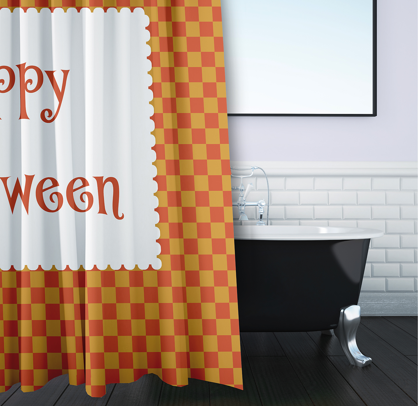 Simply Daisy 70" W x 73" L Halloween Happy Halloween Checks Polyester Shower Curtain, Rust [1 Ct]