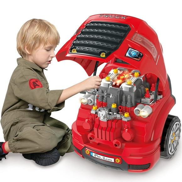 iPlay,iLearn Jouet de Moteur de Grand Camion, Ensemble de Réparation de Mécanicien pour Enfants de 3 à 5 Ans, Grande Trousse de Construction, Véhicule à Démonter Station de Service de Voiture de Jeu de Rôle, Cadeaux 4 6