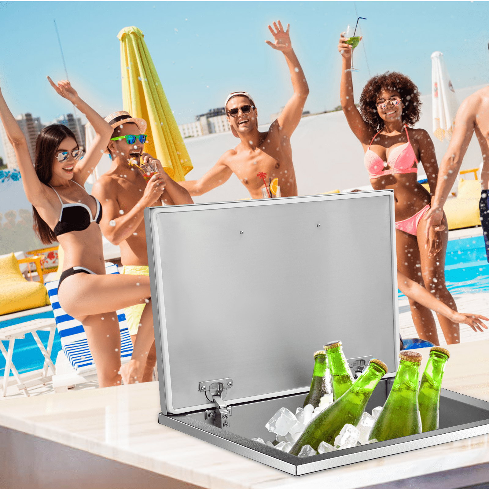 M optimized Drop In Ice Chest, Stainless Steel Ice Cooler, Commercial Ice Bin with Hinged Cover, Outdoor Kitchen Ice Bar, Drain-Pipe and Drain Plug Included, for Cold Wine Beer