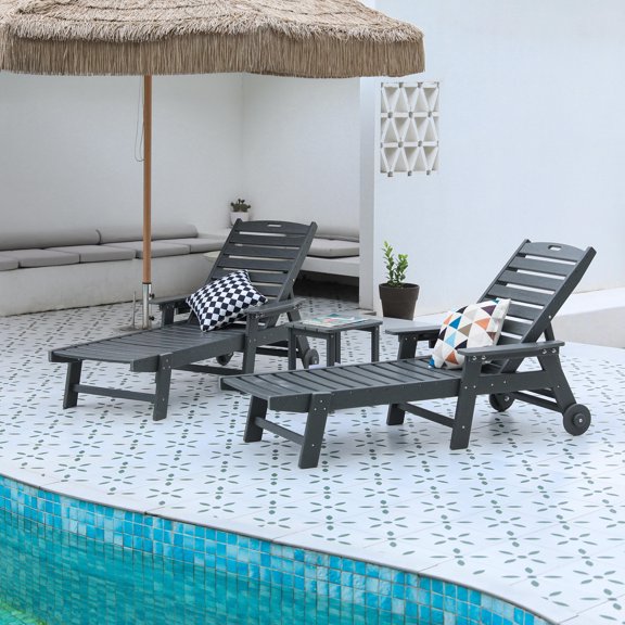 Llinc Store 3-Piece Lounge Chair with Side Table, Oversized Chaise Adirondack Chair Set, All Weather Patio Chair with 5 Positions, Wheels & Cup Holder (Include 2 Lounge chairs and 1 Table)