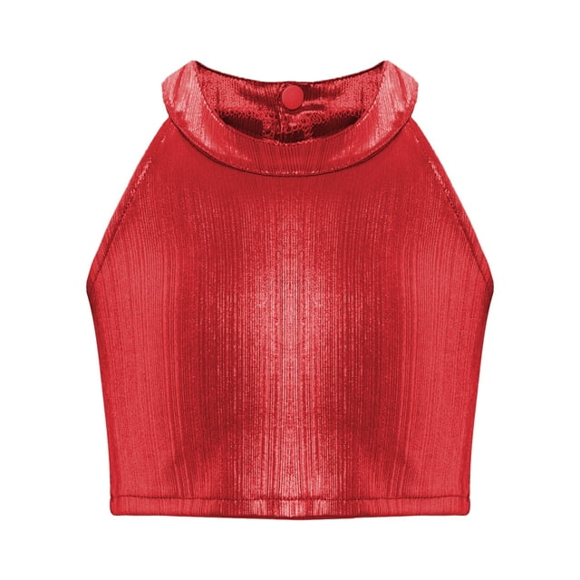 Manyakai Débardeur Métallique Sans Manches pour Filles Hip-Hop Jazz Dance Crop Top Col Halter Performance Scène Rouge S