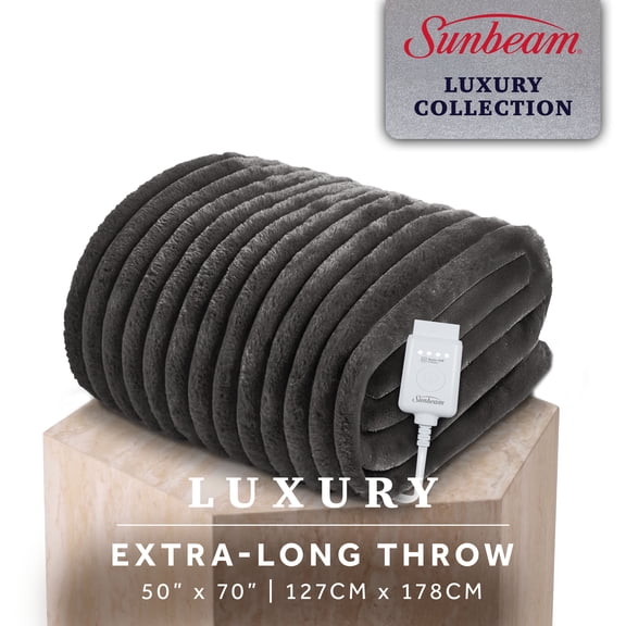 Sunbeam Heated Electric Channeled Faux Fur Throw Blanket, Greystone, 4 Heat Settings, 50 x 70 in