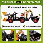 Track Seven 24V Ride on Excavator, 4-in-1 Construction Excavator, Dump Truck & Bulldozer, Ride on Tractor Electric Car with Remote Control, Swivel Seat, Music, Ride on Toy Car for Kids Age 3+,Orange