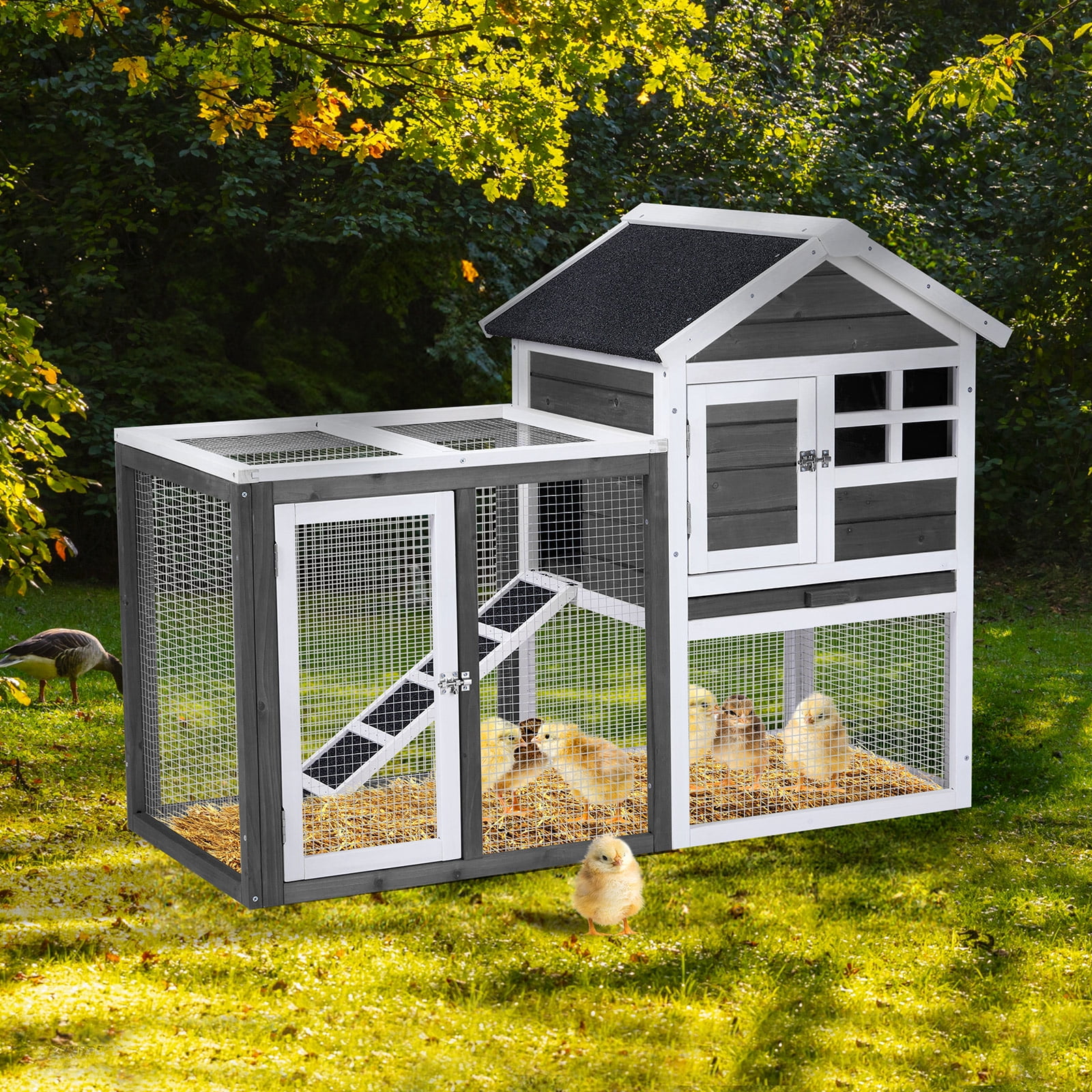 Wooden Rabbit Hutch Outdoor Chicken Coop Indoor Bunny Cage with Run, Guinea Pig House Pet House with Pull Out Upper Tray, Grey