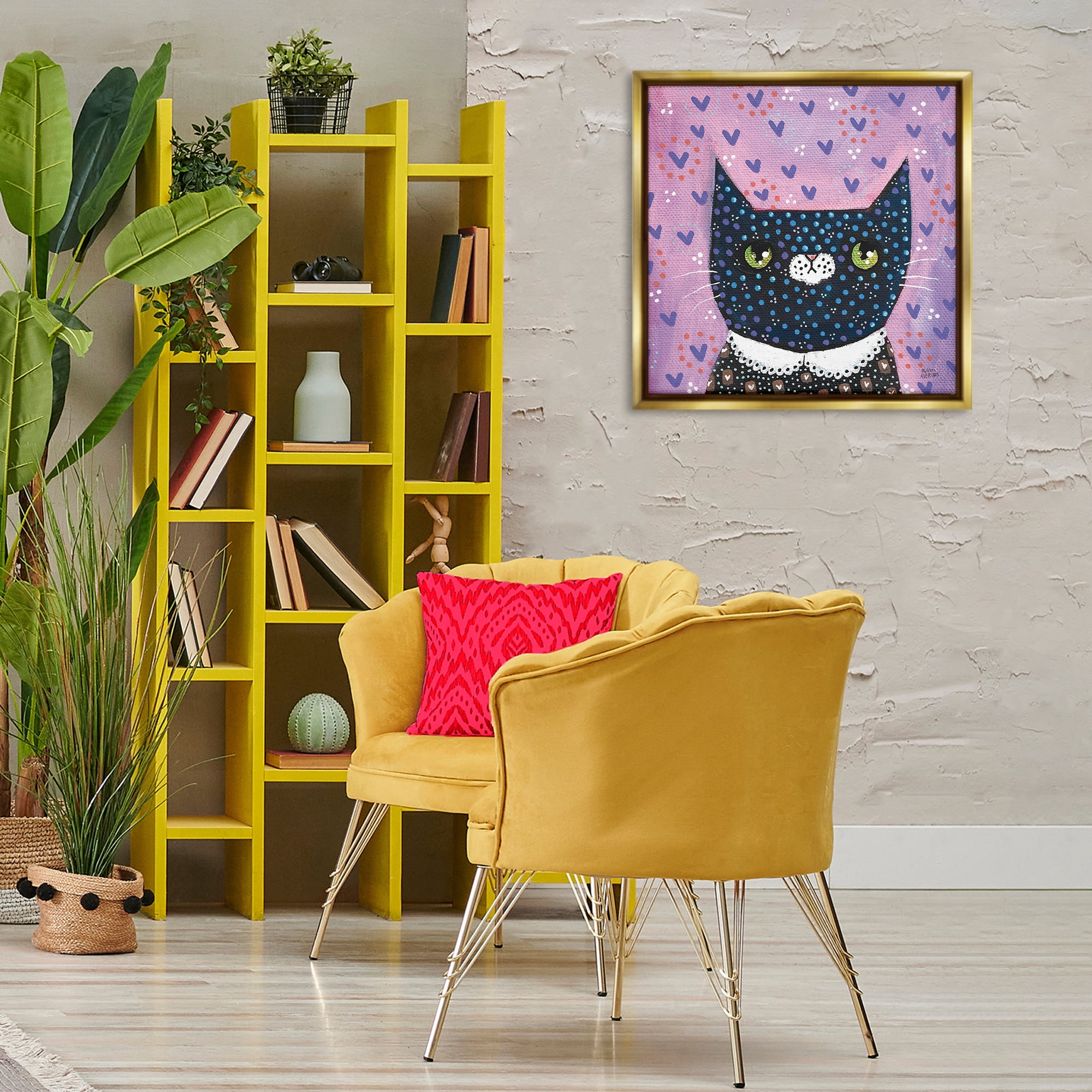 Stupell Industries Whimsical Patterned Cat Animals & Insects Painting Gold Floater Framed Canvas Art Print Wall Art, 25 x 25