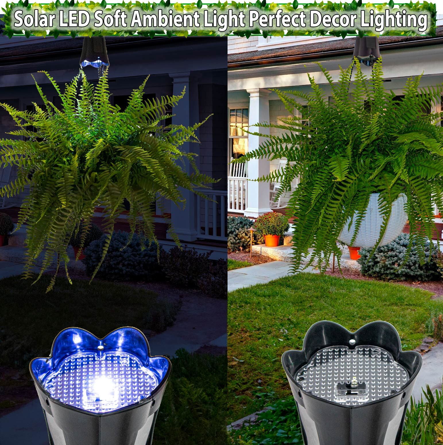 Self-Watering Solar Hanging Planter with LED Light, Plastic Wicker Basket and Drainage Base for Patio