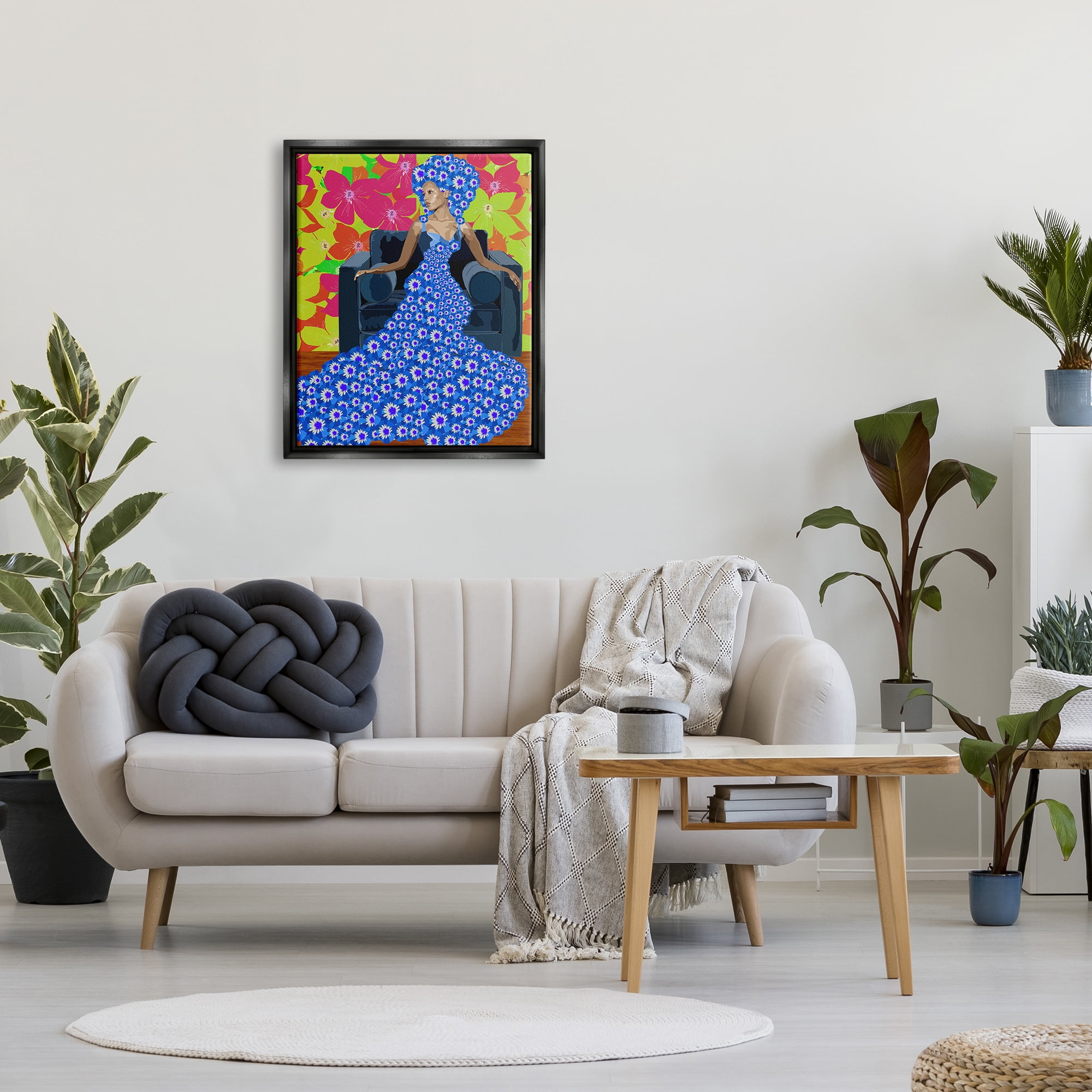 Stupell Industries Woman In Blue Retro Floral Pattern Botanical & Floral Painting Black Floater Framed Art Print Wall Art