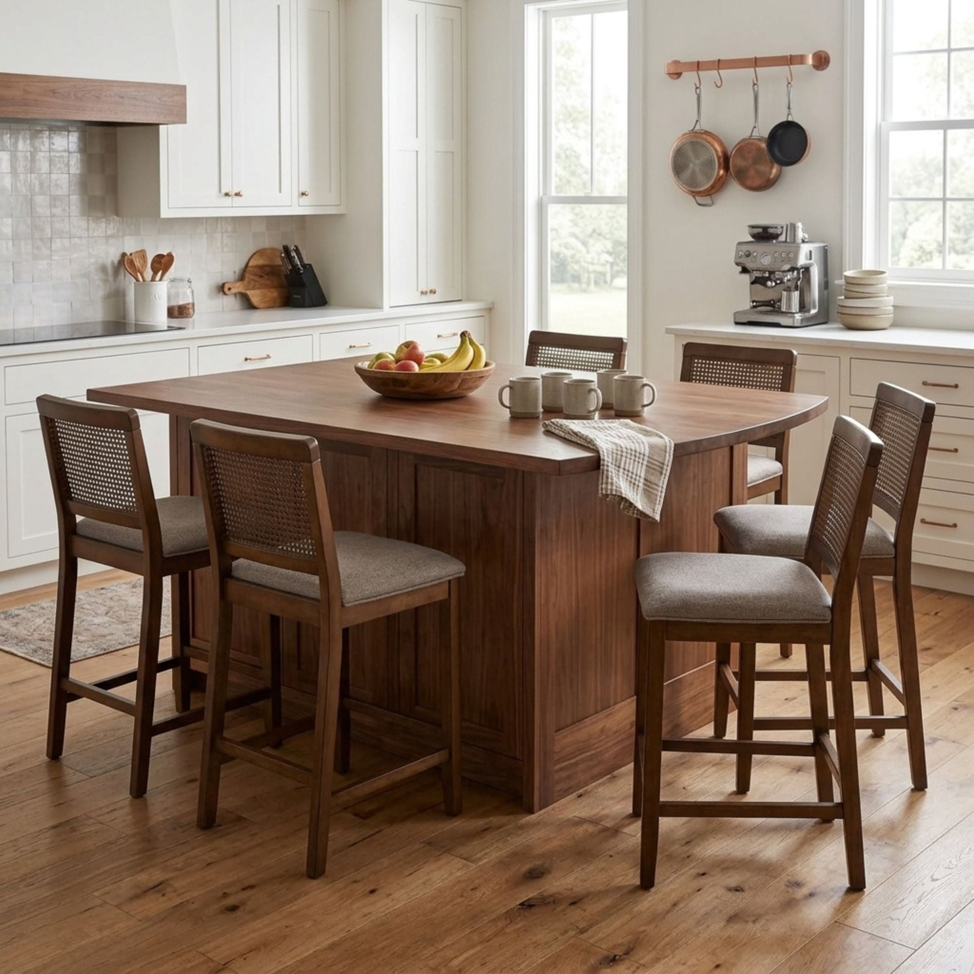 Guyou 26" Rattan Bar Stools Set of 6, Farmhouse Chenille Upholstered Counter Height Stools with Cane Woven Back, Mid-Century Modern Wooden Bar Chairs for Kitchen Island, Walnut Brown