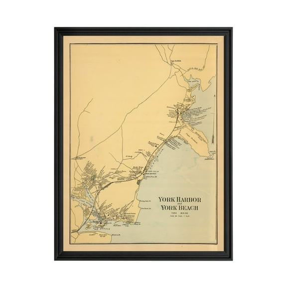 York Beach Art, 1894 Vintage Map of York Beach Maine, ME History Wall Decor Gift, Old York Beach Map - 18" x 24" Black Framed Print