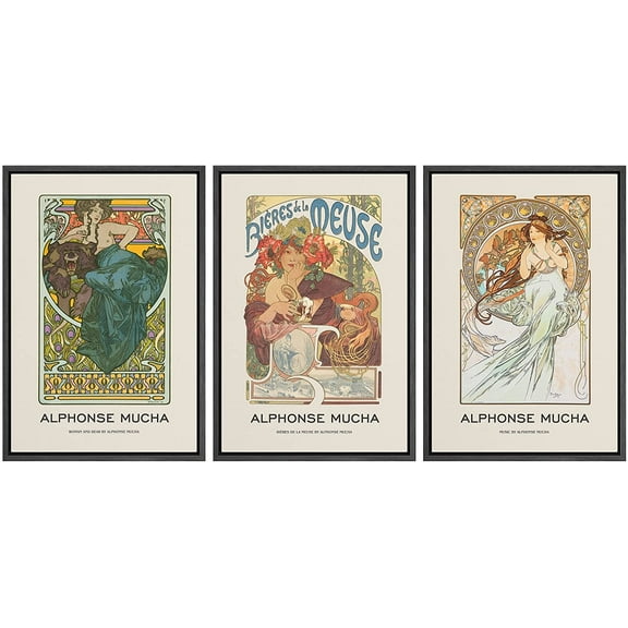 wall26 Framed Canvas Print Wall Art Set Alphonse Mucha Art Deco Flower Pattern Women Nature People Illustration Fine Art Decorative Retro Portrait for Living Room, Bedroom, Office - 24"x36"