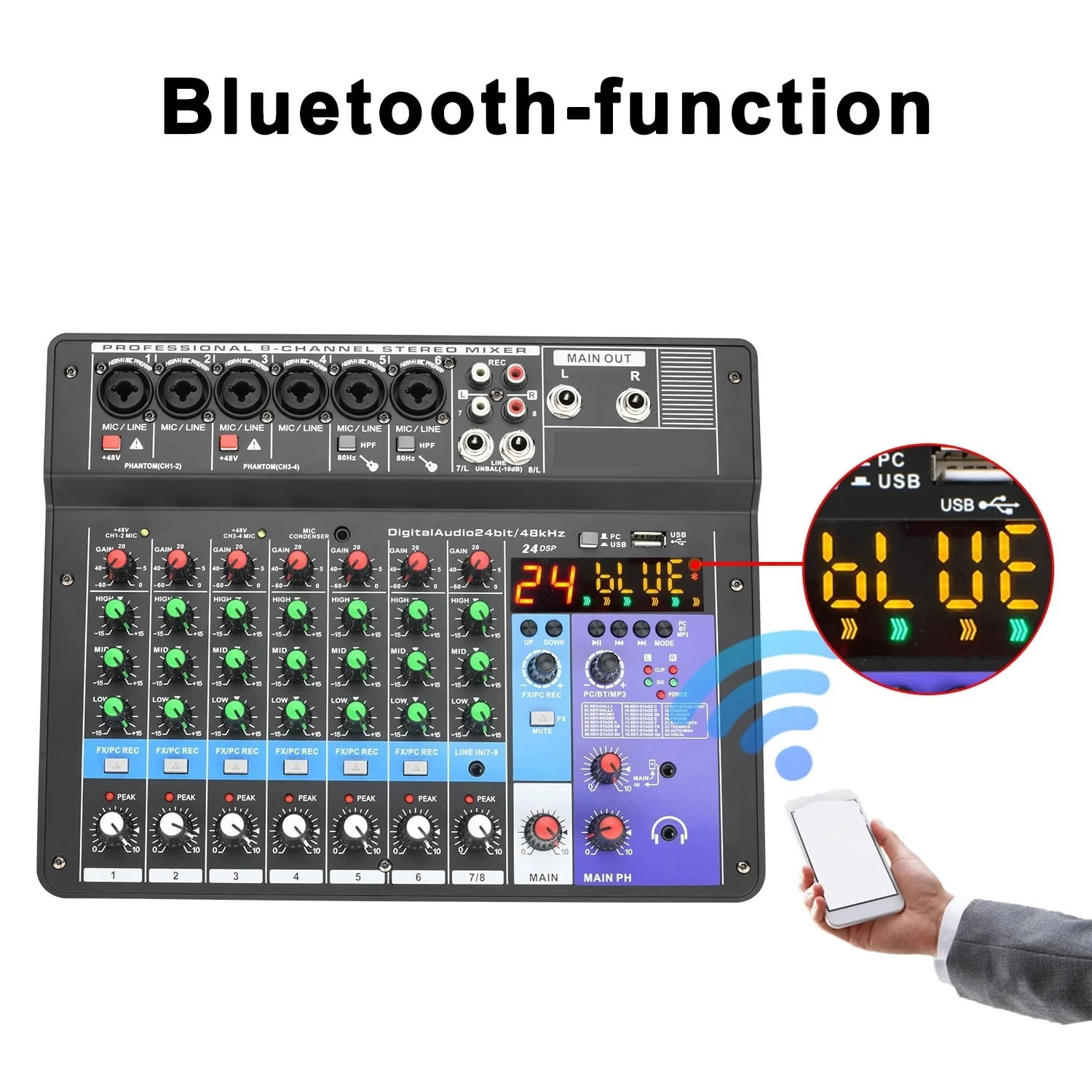8 Channel DJ Sound Mixing Table 24 DSP Effect Mixer Bluetooth PC USB Play Recording