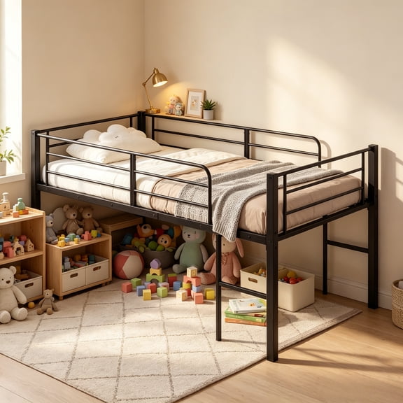 Twin Size Low Loft Bed, Heavy Duty Metal Bed Frame with Safety Guardrails & 2 Ladders, Space Saving Loft Bed with Under-Bed Space, No Box Spring Needed (Black)