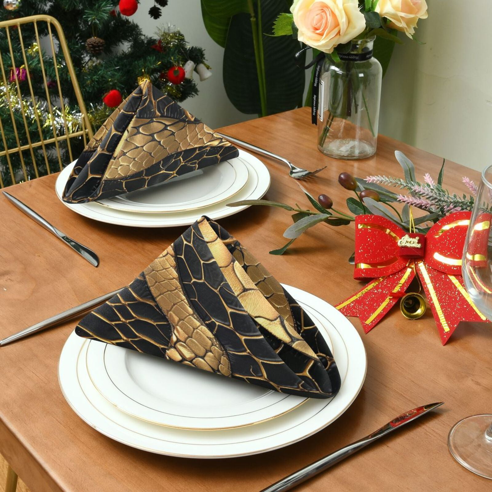 JSTEL Golden Snake Skin Print Cloth Napkins Set of 6, 20x20 Inch Washable and Reusable Napkin for Decoupage Dinner Party Everyday Use