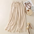 thumbnail image 2 of JFGHDG Womens Casual Linen Wide Leg Pants Flowy Drawstring High Waist Palazzo Beach Vacation Casual Trousers with Pockets Beige L, 2 of 3