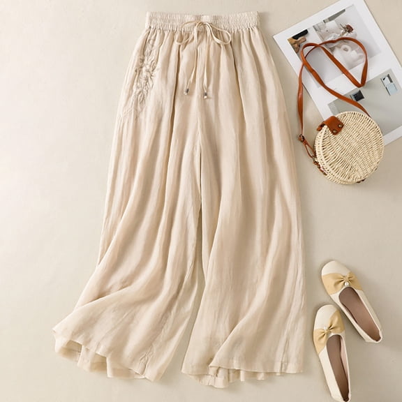 Women's Embroidered Wide Leg Pants, Cotton Linen Cropped Trousers with Elastic Drawstring Waist, Comfortable Breathable Summer Lounge Pants for Women Beige L