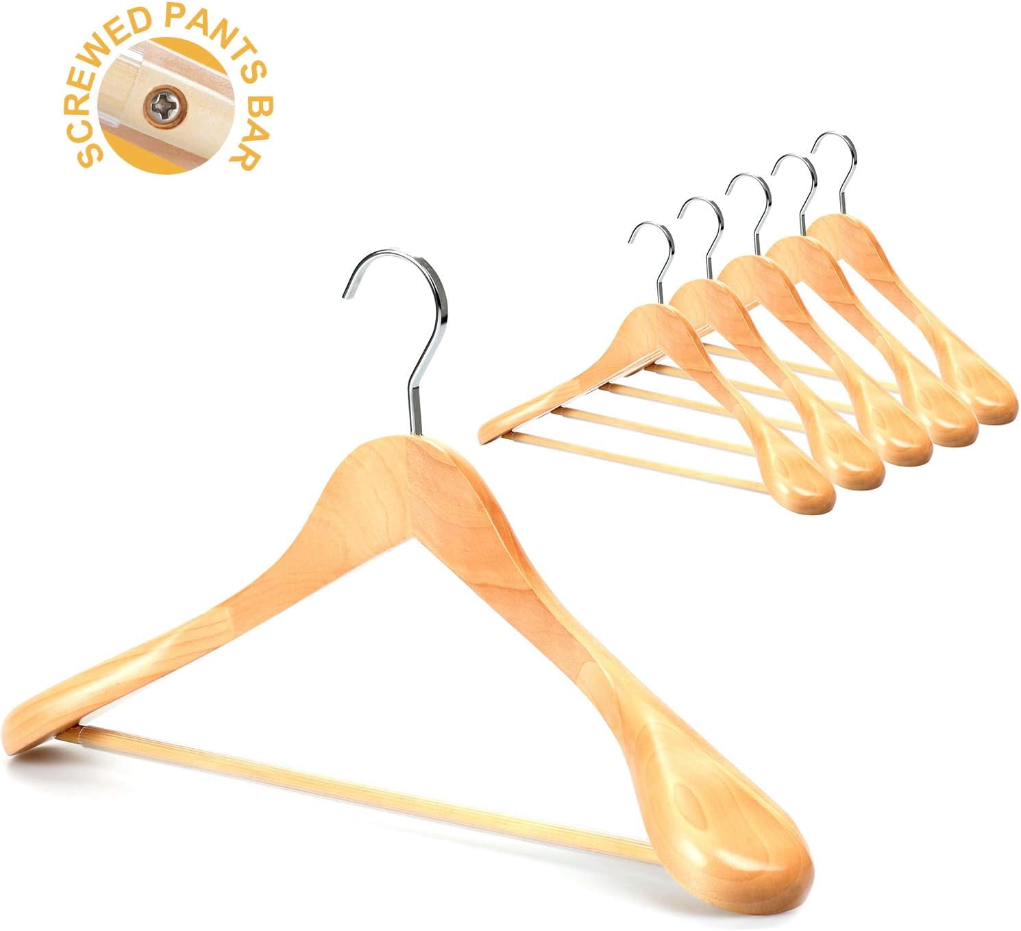 White Wooden Coat Hanger 6 Pack, Wood Suit Hangers,Glossy Finish with Extra-Wide Shoulder, Thicker White Hooks & Anti-Slip Bar,Suitable for Coat, Suit,Dress,Jacket,Heavy Cloth