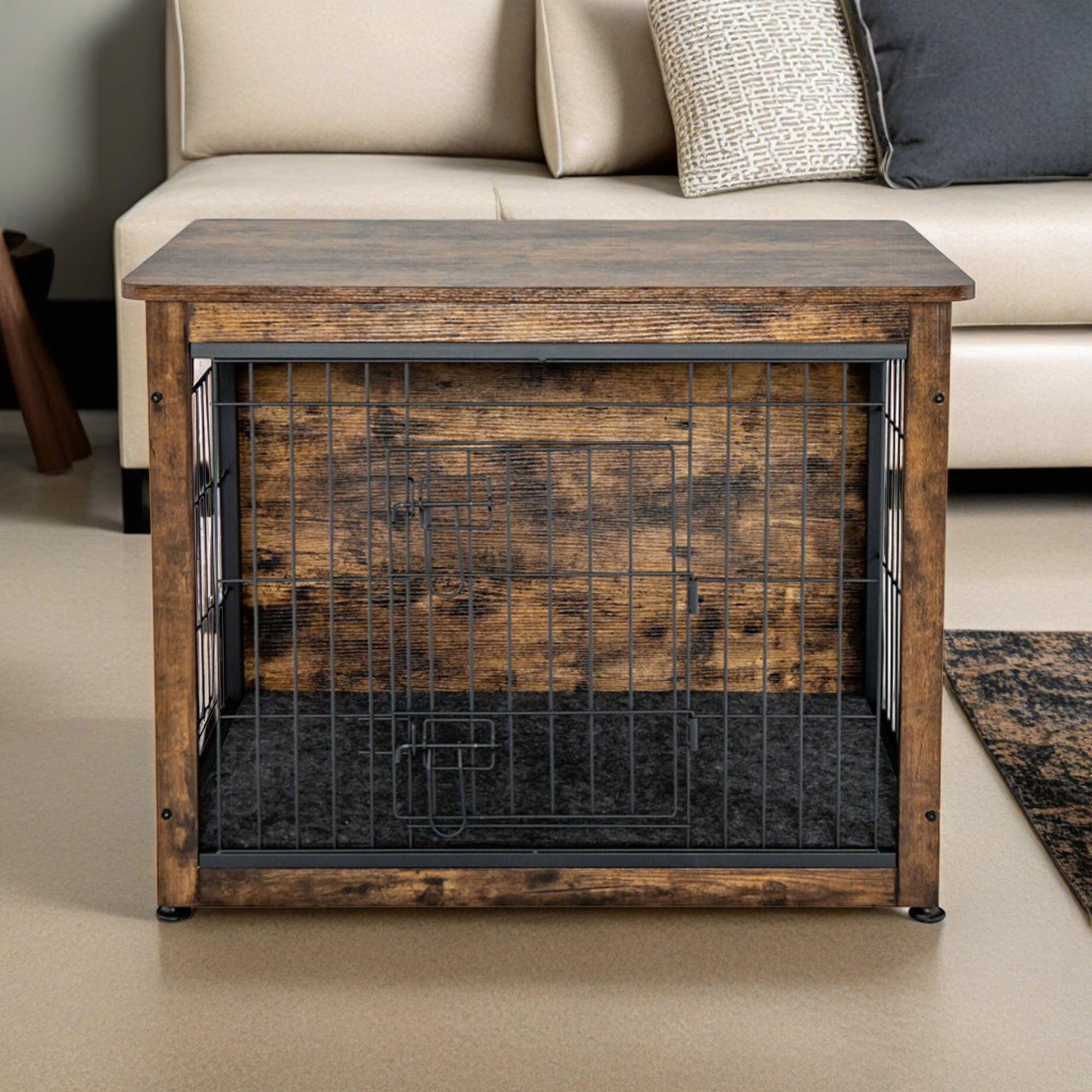 Kadyn 32" Dog Crates for Dogs with Tray and Double Door, Wood Indoor Dog Cages Furniture, Brown