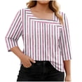 thumbnail image 5 of VEKDONE Womens Stripe Plus Size Tops 3/4 Length Sleeve Loose Fit Blouse Asymmetrical Neck Button Tunic Tops Summer Fashion Clothes Pink XL, 5 of 7