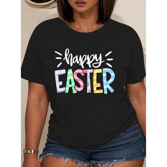 Casual Comfort, Women's Easter Bunny Print T-Shirt, Casual Crew Neck Short Sleeve Top, Medium Stretch Knit Fabric, All Season Fashion Tee with Applique Detail