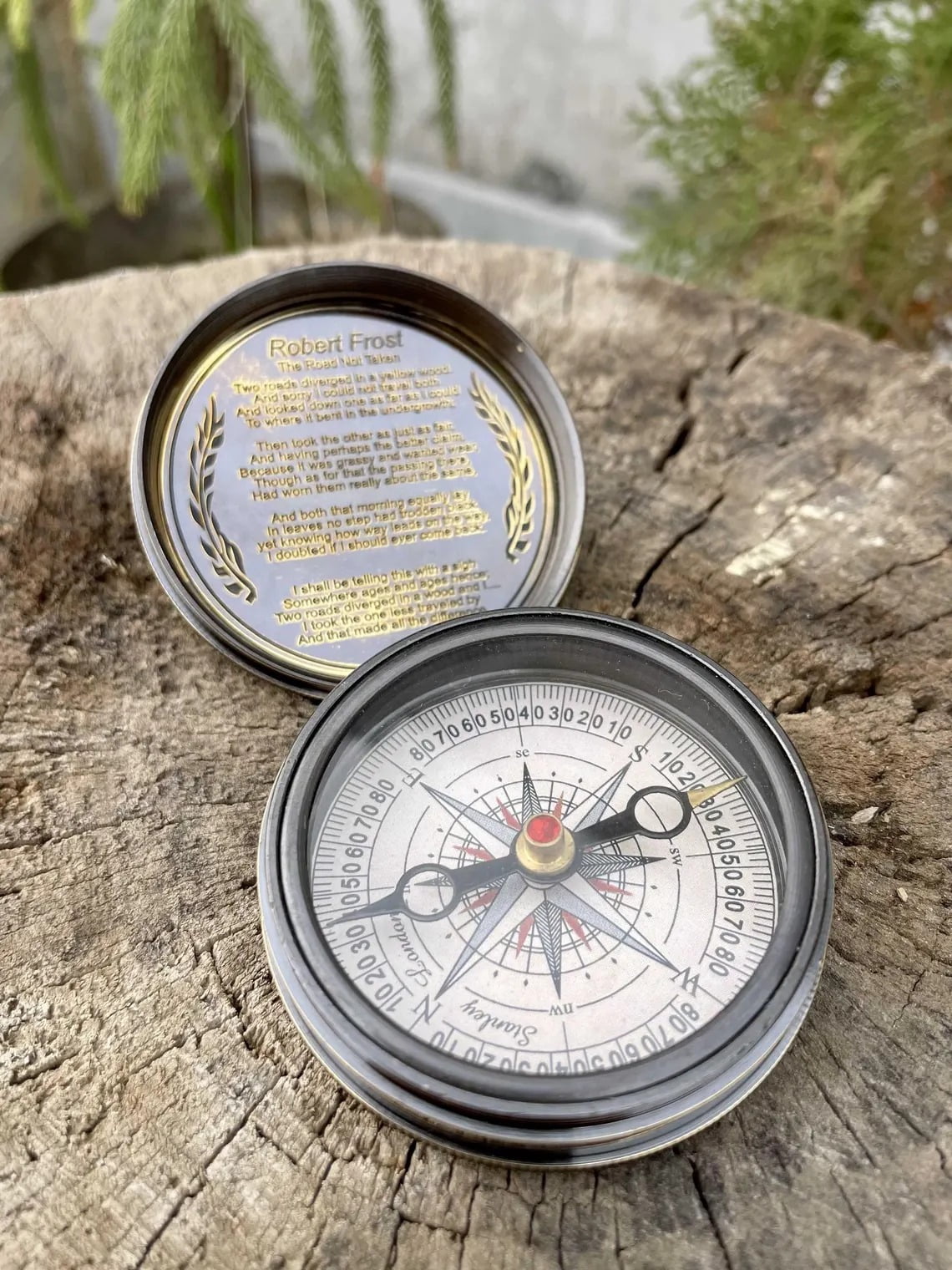 Robert Frost Engraved Compass - "The Road Not Taken" Brass Pocket Compass - Graduation, Traveler & Anniversary Gift