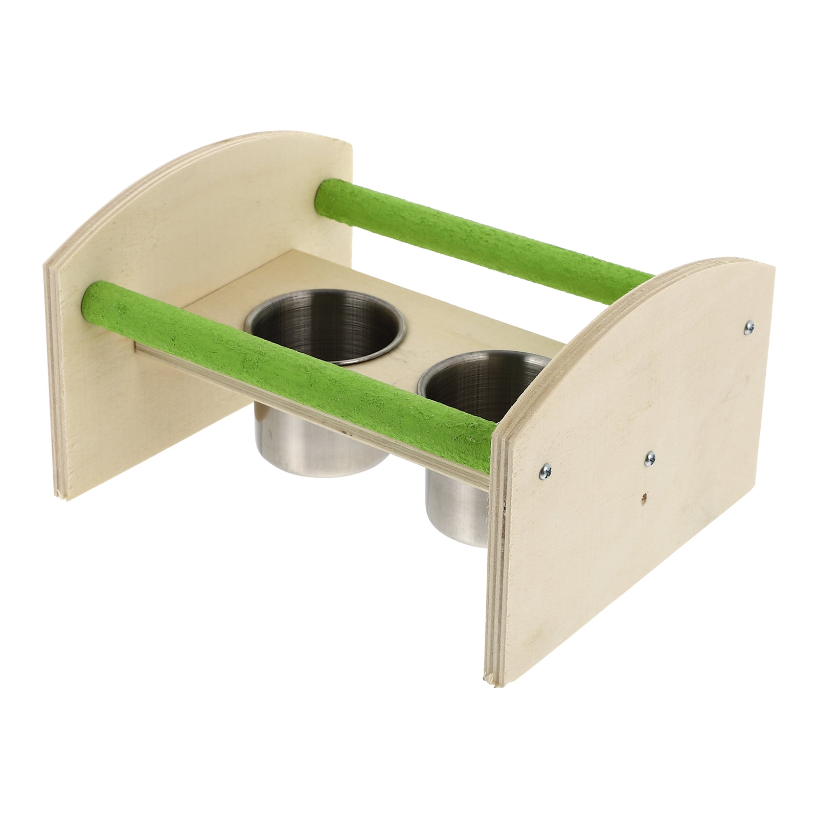 Milisten 1 Wooden Bird Perch with Stainless Steel Food and Water Cups Parrot Cage Platform Accessories for Parakeets