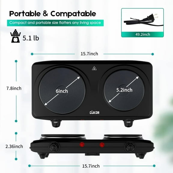 Double Cast Iron 2 Burner, 1800W Countertop Burner, Dual Electric Stove Burners, Portable Double Burner for Cooking