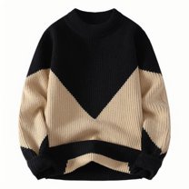Wyobmus Mens Crewneck Sweaters Casual Colorblocked Jacquard Kintted Pullover Thickened Warm Base Shirt Blouse A-Black
