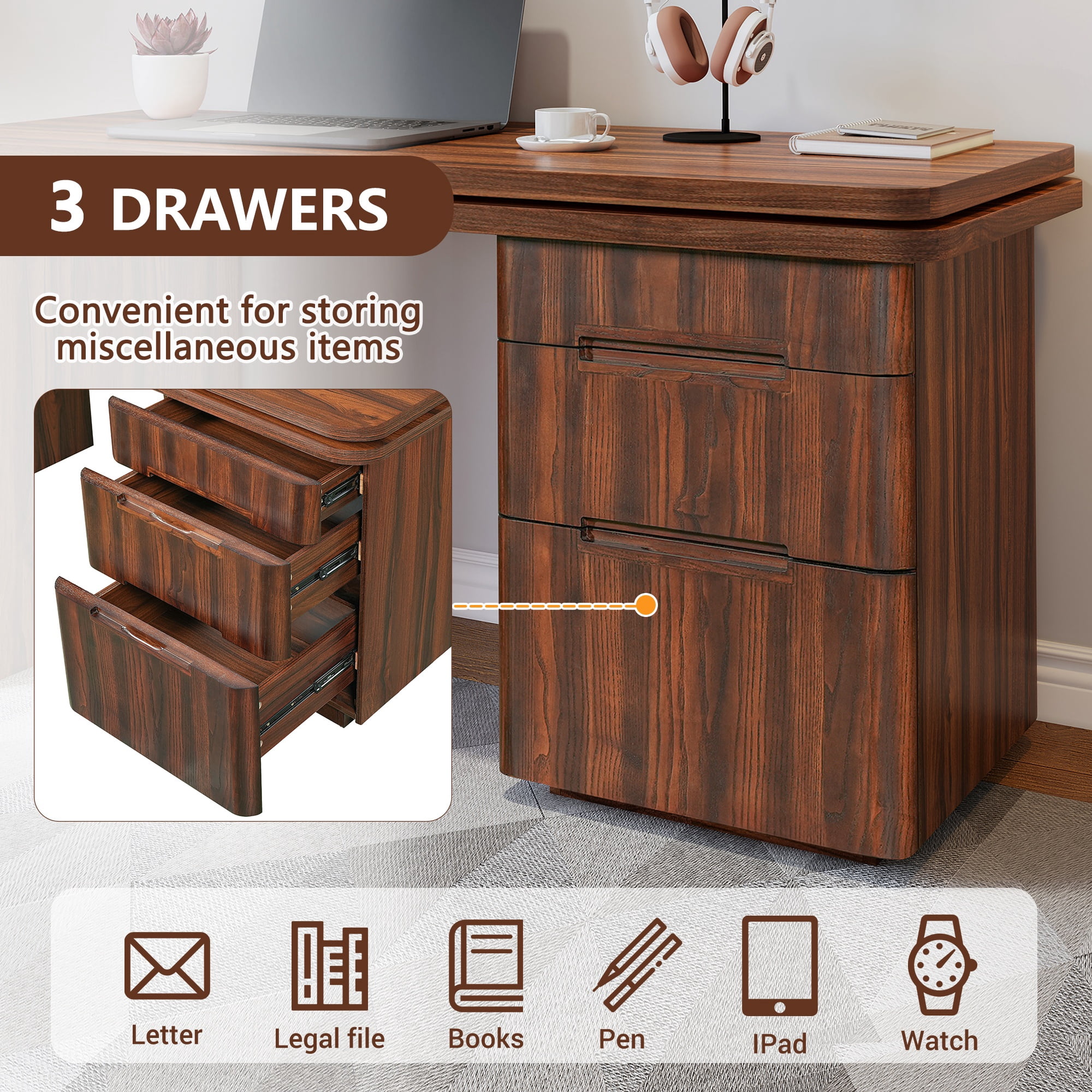 90" L Shaped Desk with 3 Drawers, 360° Rotating Corner Desk, Modern Executive Office Desk in Walnut, for Home Office Living Room Study Workstation