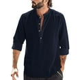 thumbnail image 4 of Lroveb Mens Linen Shirts Loose Fitting Shirt Stand Collar Long Sleeve Shirt Dark Blue, 4 of 8
