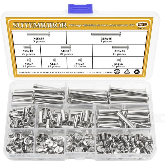 120 Pieces M5 x 5/10/15/25/35/45mm Chicago Screw Binding Screws Posts Assortment Kit for DIY Leather Bookbinding Crafts