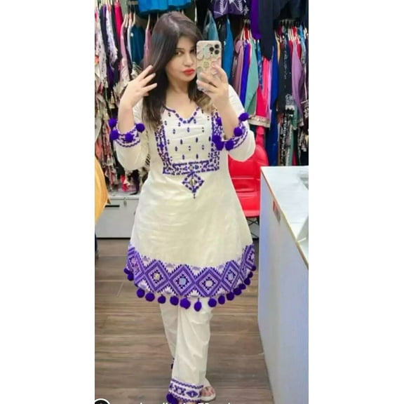 Designer Cotton Kurta Pant Dupatta Cord Set Indian Women Top Tunic Kurti Dress