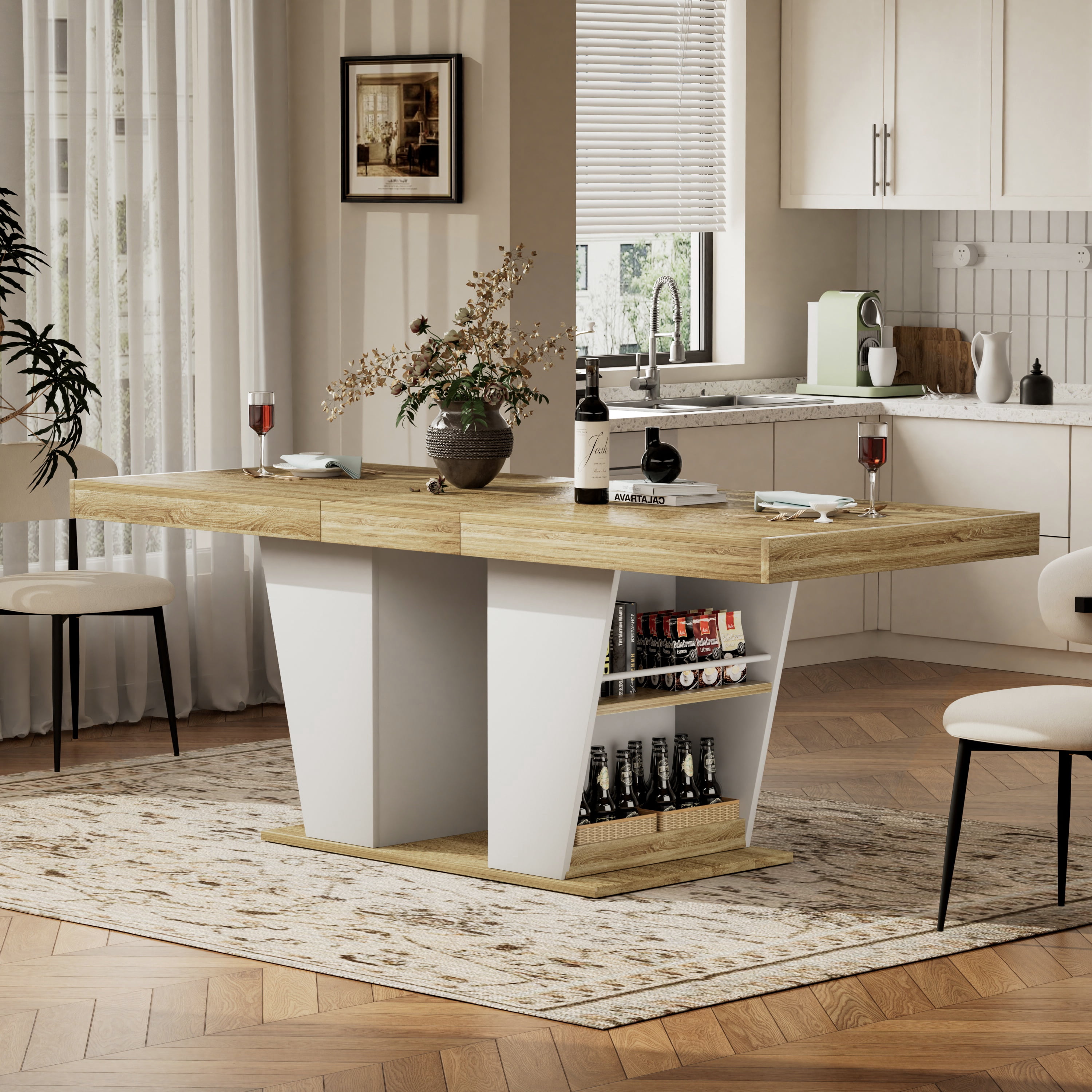 78.7" Rustic-Style Extendable Dining Table, Seats 8–10 People, Dining Table With Storage Shelves On Both Sides, Mid-Century Modern-Style Extendable Wooden Kitchen Table, Natural+White