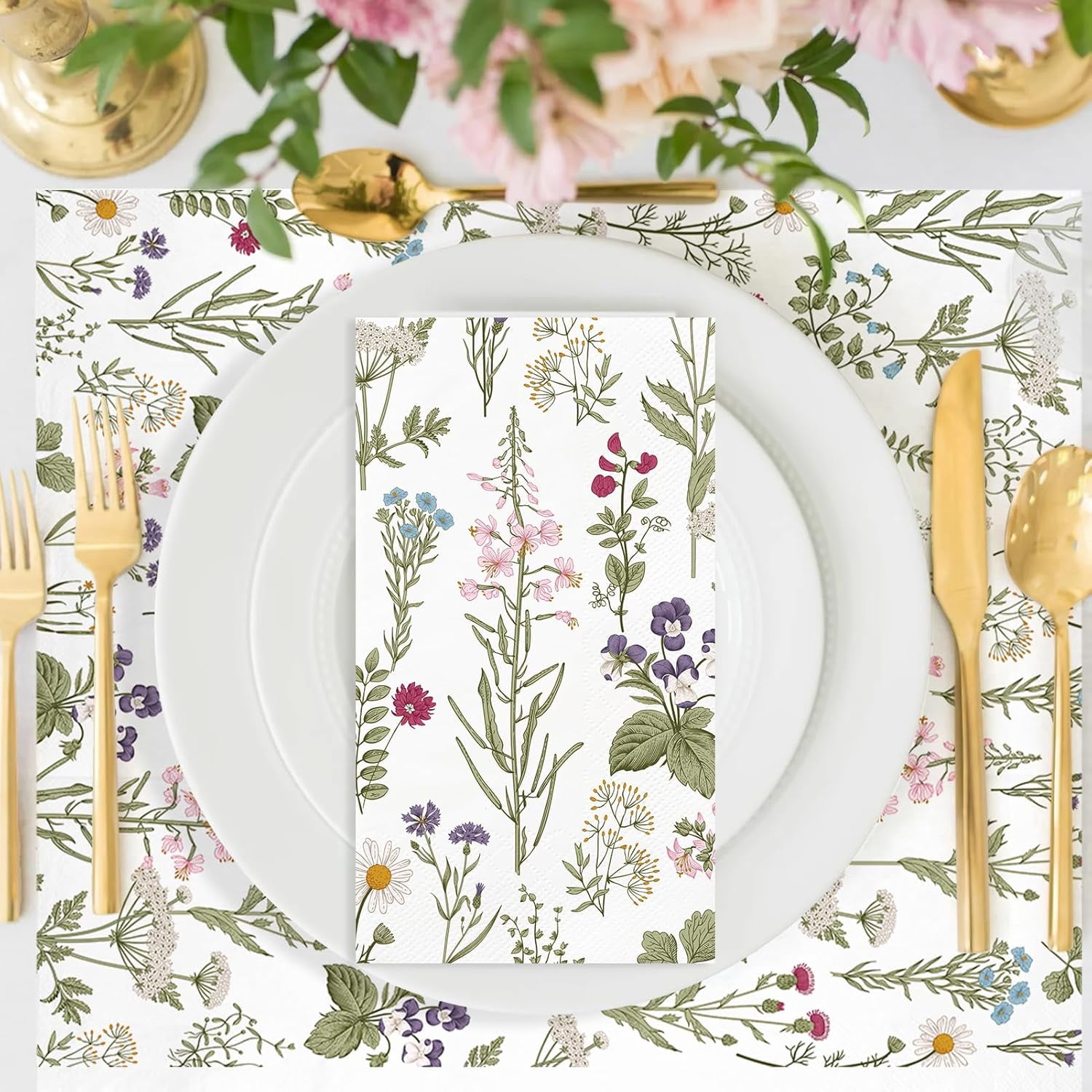100PCS Floral Paper Napkins 3 Ply Disposable Hand Towels for Bathroom Vintage Wildflower Guest Napkins Green Wild Flower Dinner Napkins for Wedding Bridal Baby Shower Birthday Spring Summer Party