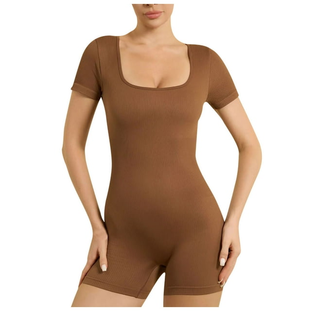 AherBiu Yoga Bodysuits for Women Ribbed Stretchy Short Sleeve Square Neck Workout Short Rompers Jumpsuits