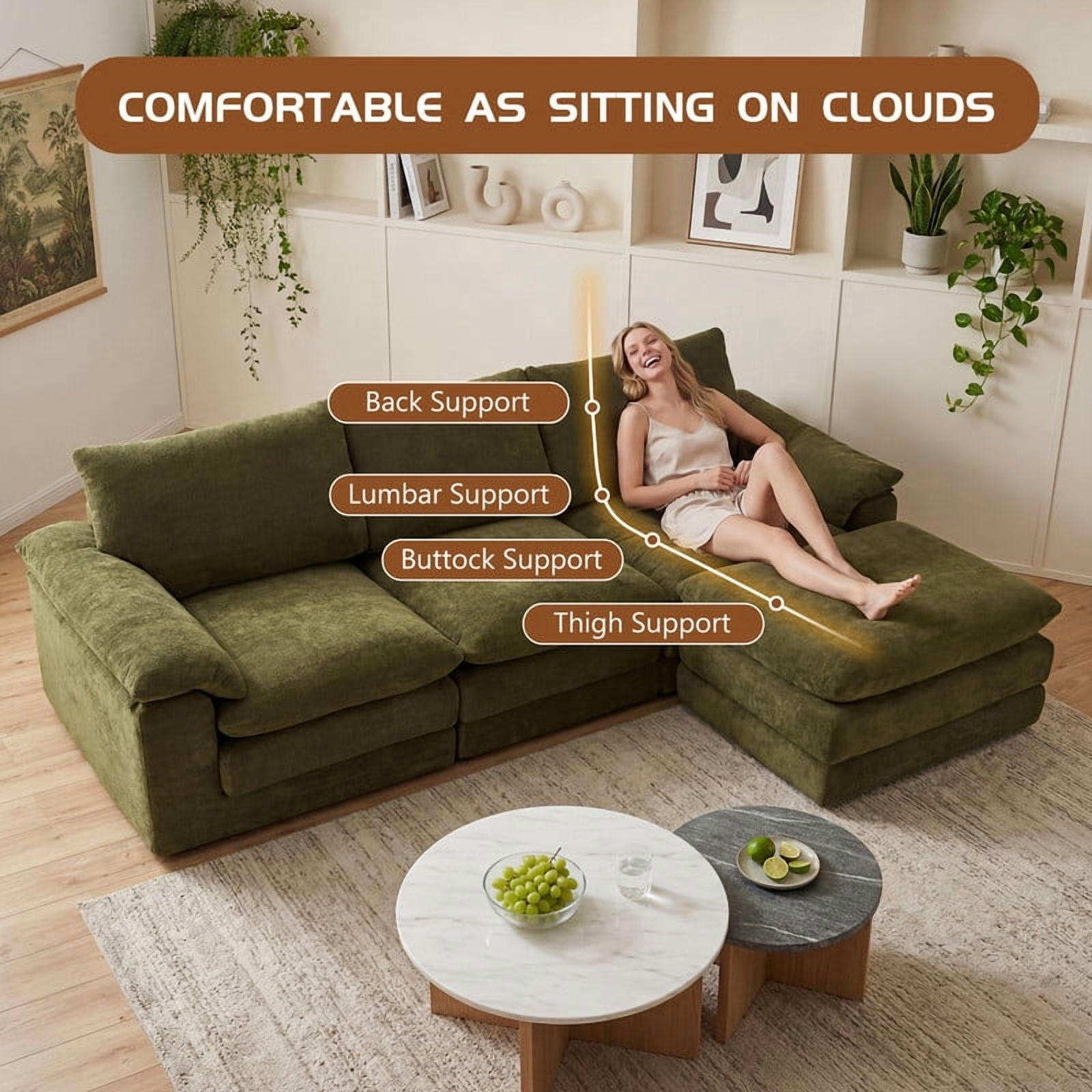 L-Shape Compressed Sectional Sofa with Movable Ottoman, 4-Seat Upholstered Chenille Deep Seat Modular Sofa Floor Couch