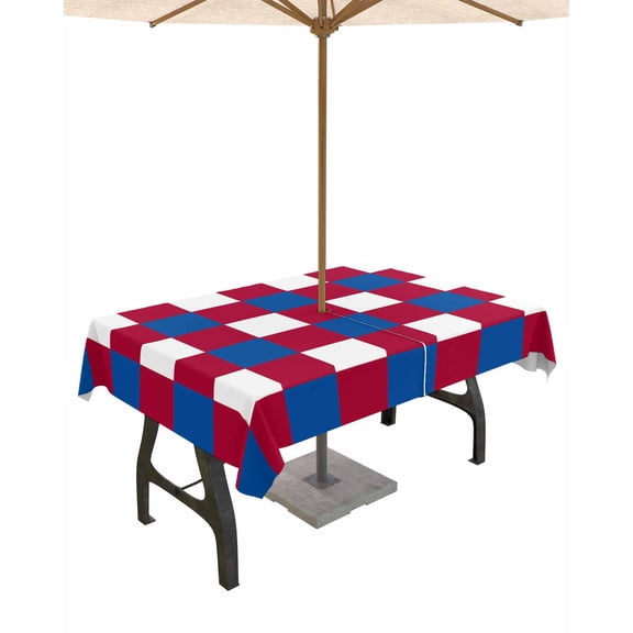 Outdoor Tablecloth with Umbrella Hole for Patio/Picnic/Party/Camping, 4th of July Waterproof Table Cloth Rectangle Table Cover Washable, Independence Day Red Blue White Plaid Checkered 60"x 102"