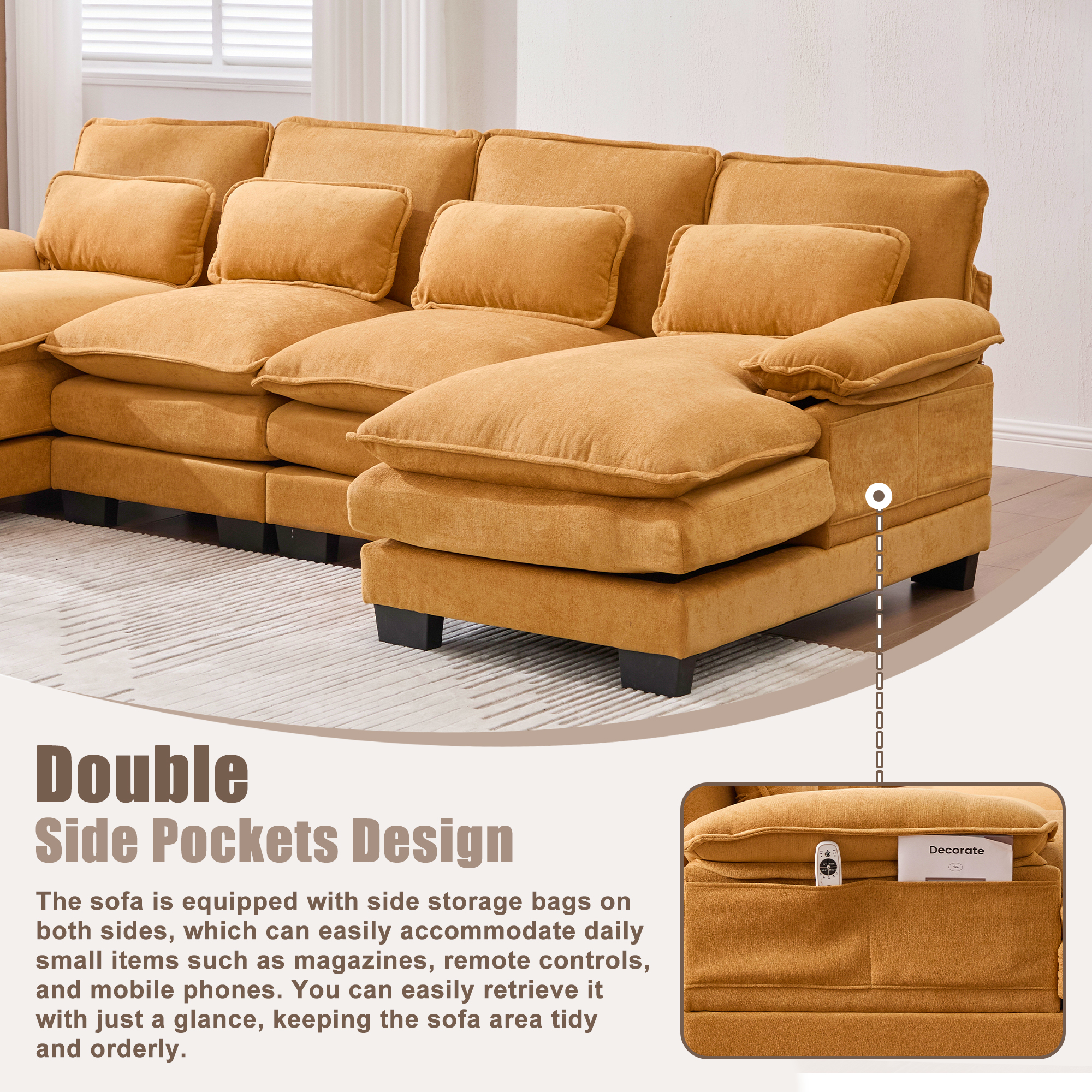 MOONMISS Chenille Upholstered U-Shaped Modular Wood Frame Sleeper Sectional Sofa with Double Chaise-Yellow