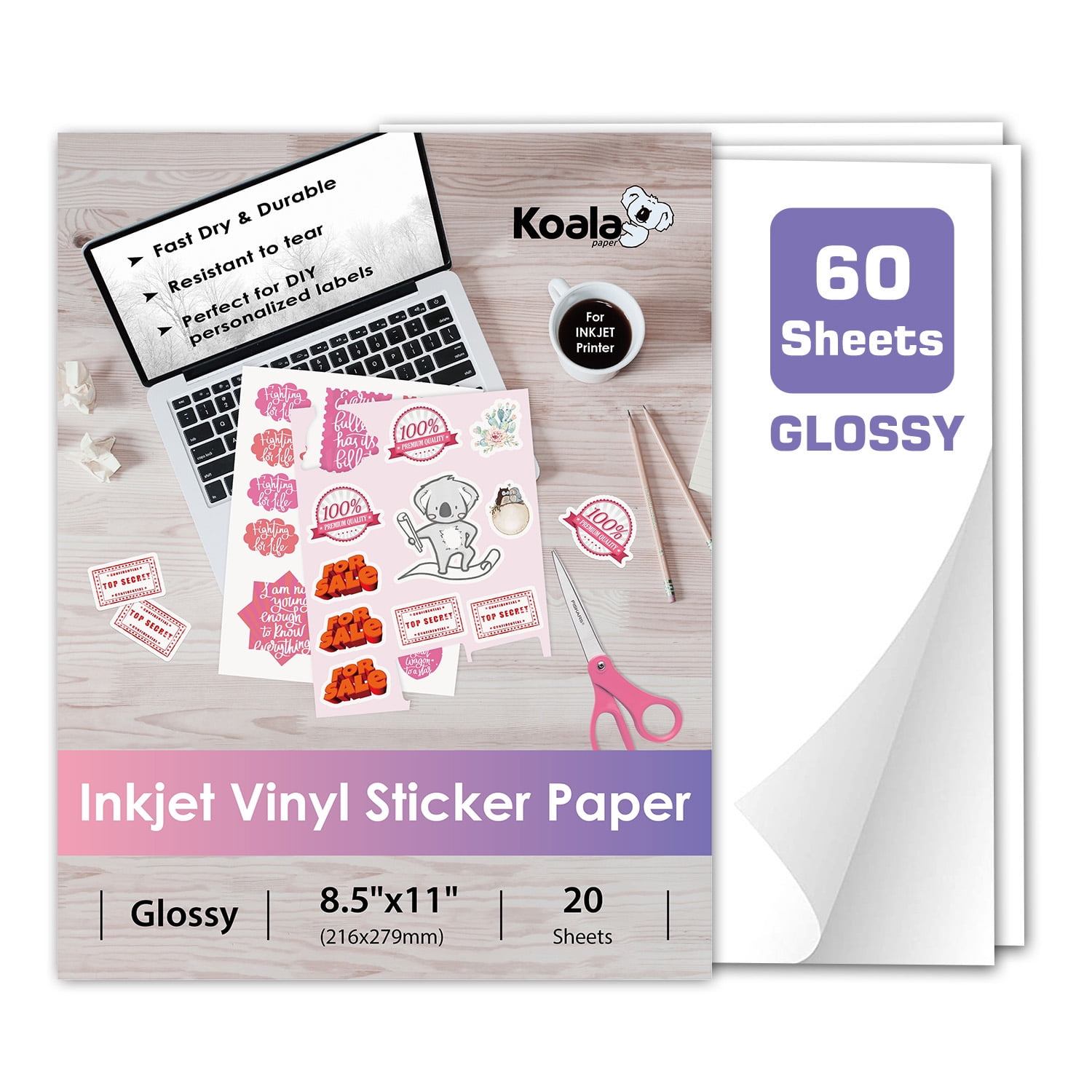 Premium Printable Vinyl Sticker Paper 20 Sheets Glossy White Waterproof Decal Paper for Inkjet Printer Vivid Colors Self-Adhesive Labels Crafts DIY Project Standard Full Letter Size 8.5x11 
