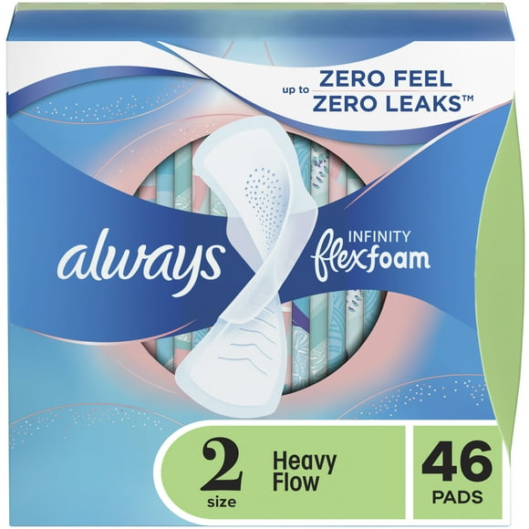 Always Infinity Feminine Pads for Women with Wings, Size 2 Heavy, Unscented, 46 Count