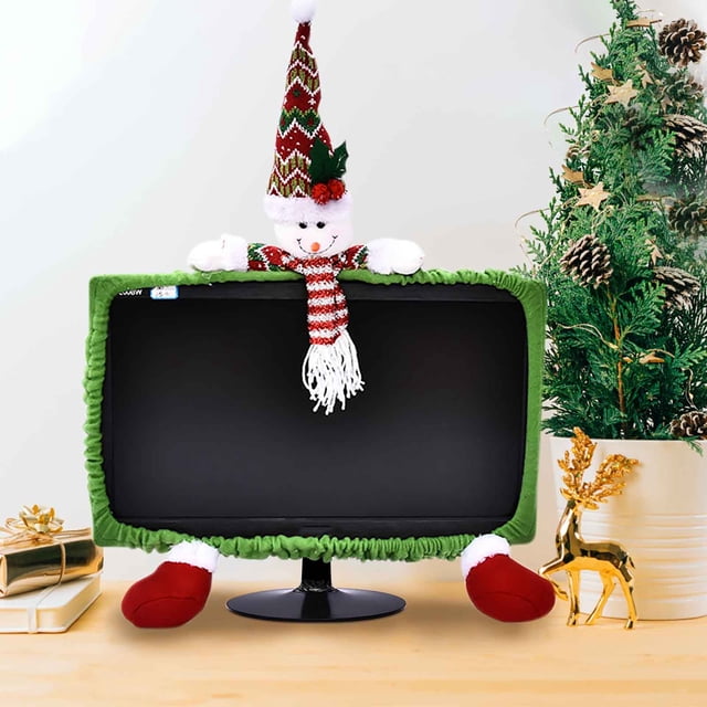 Christmas Computer Monitor Cover Decoration, Elastic Cloth Santa Snowman Frame, Holiday Festive Decor for PC Display