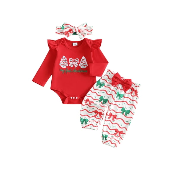 RUINIXCW Baby Girl Christmas Outfit Embroidered Long Sleeve Romper Pants Headband