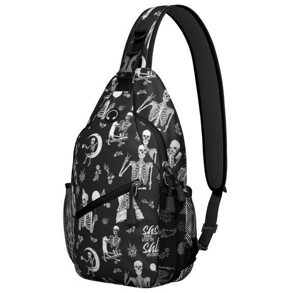 Sling Backpack,Halloween Skeleton Fun Pattern Sling Bag with Water Bottle Holder,Waterproof Sling Bag for Men/Women with Headphone Jack for Hiking,Travel