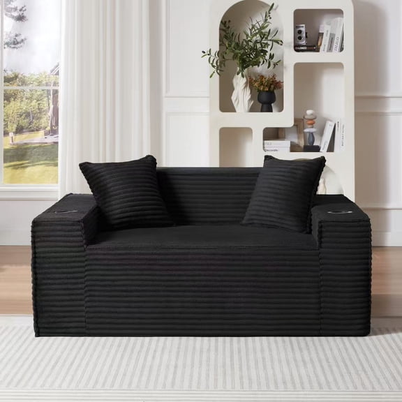 SERAY Boneless Couch, Modern Corduroy Sofa with 2 Cup Holders & Throw Pillows, Compressed Couch Furniture for Living Room, Bedroom & Apartment