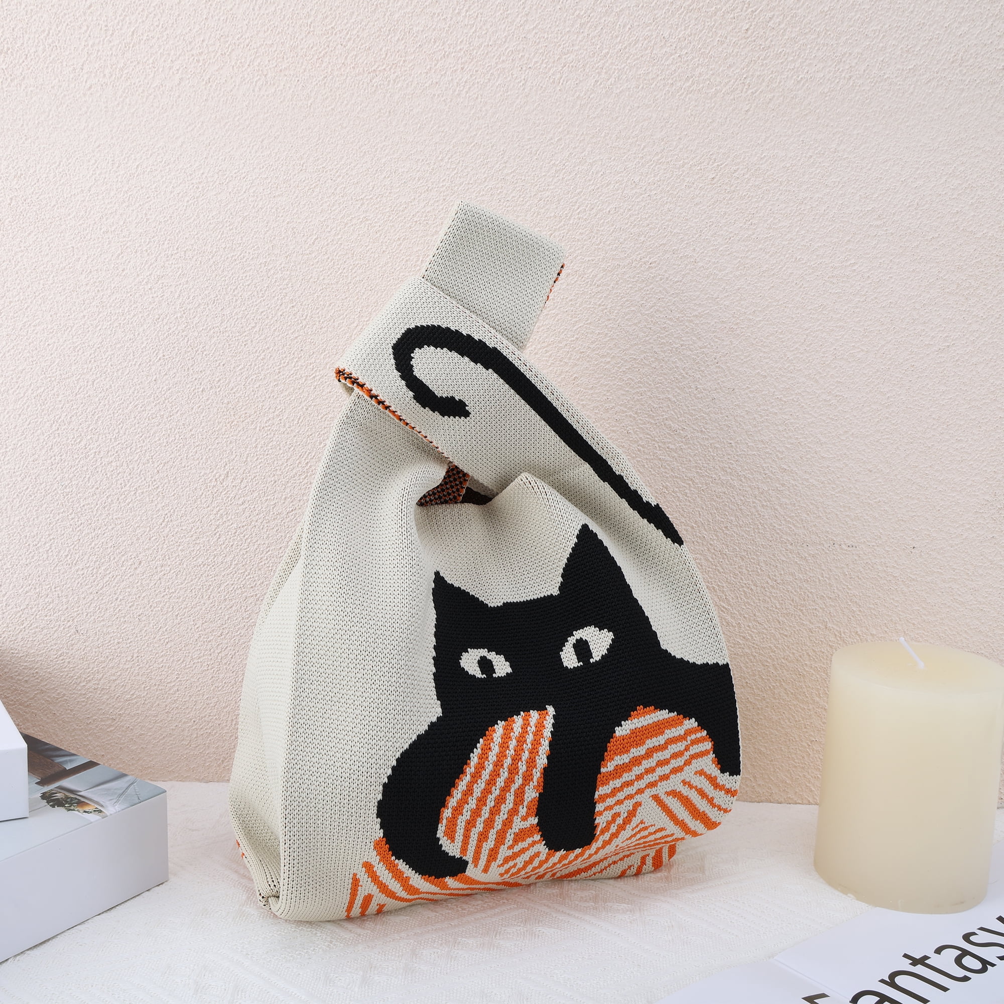 Unique Bargains Practical and Cute Design Stylish Cat Knitted Wrist Bag Beige