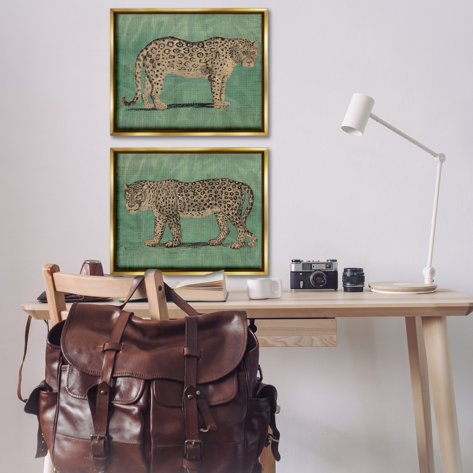 Stupell Industries Stunned Jaguar Hunting Animals Painting Gold Floater Framed Canvas Art Print Wall Art, 31 x 25, Set of 2