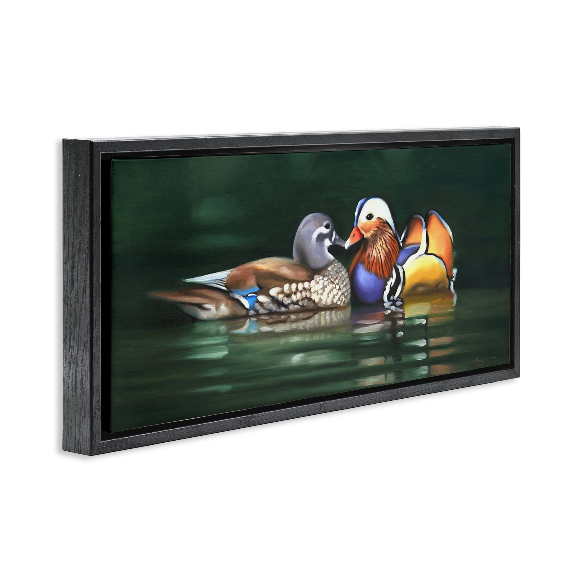 Stupell Industries Patterned Birds in Lake Animals & Insects Painting Black Floater Framed Canvas Art Print Wall Art, 25 x 11