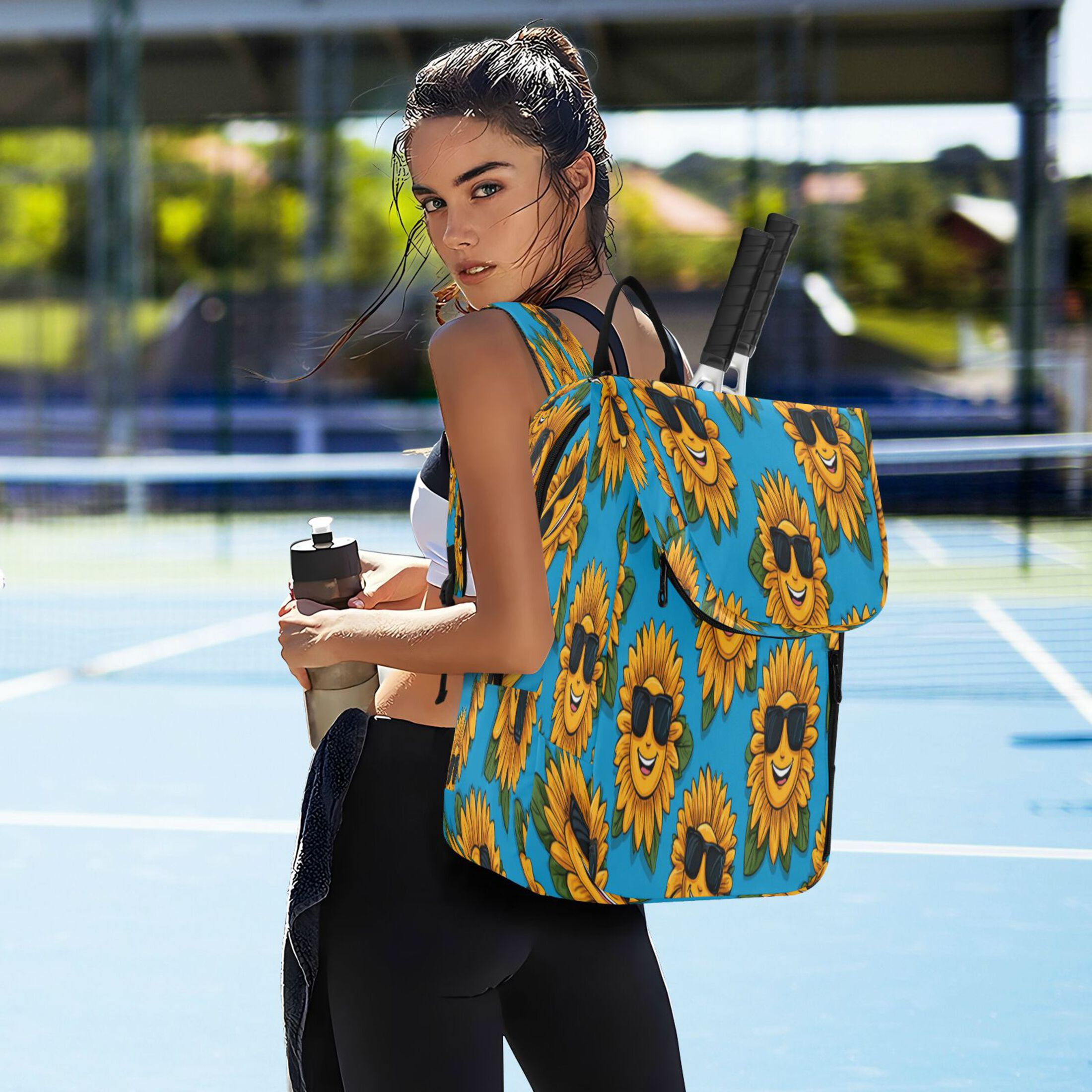 2 Racquet Holder Tennis Backpack Tennis Racket Covers Gym Bags Smiley Sunglasses Sunflowers