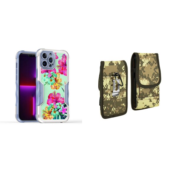Case and Pouch Bundle for iPhone 14: Heavy Duty Armor Rugged Case (Teal and Pink Hibiscus Flower) and Vertical Rugged Nylon Belt Holster (Digital Camo)