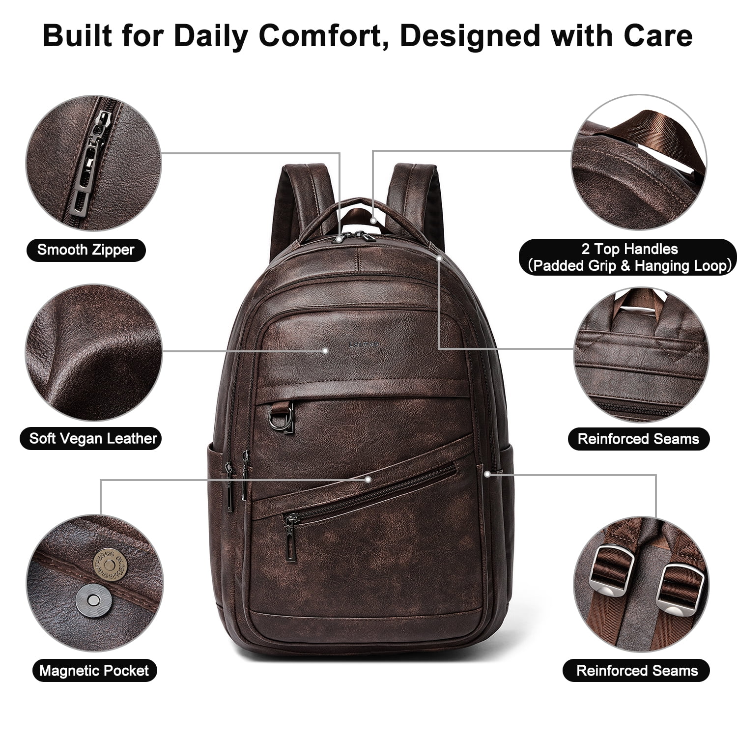 43L Vegan Leather Backpack for Women & Men, Travel Carry On Backpack, College Bookbag, Work Laptop Backpack fits 17 inch Laptop，Coffee